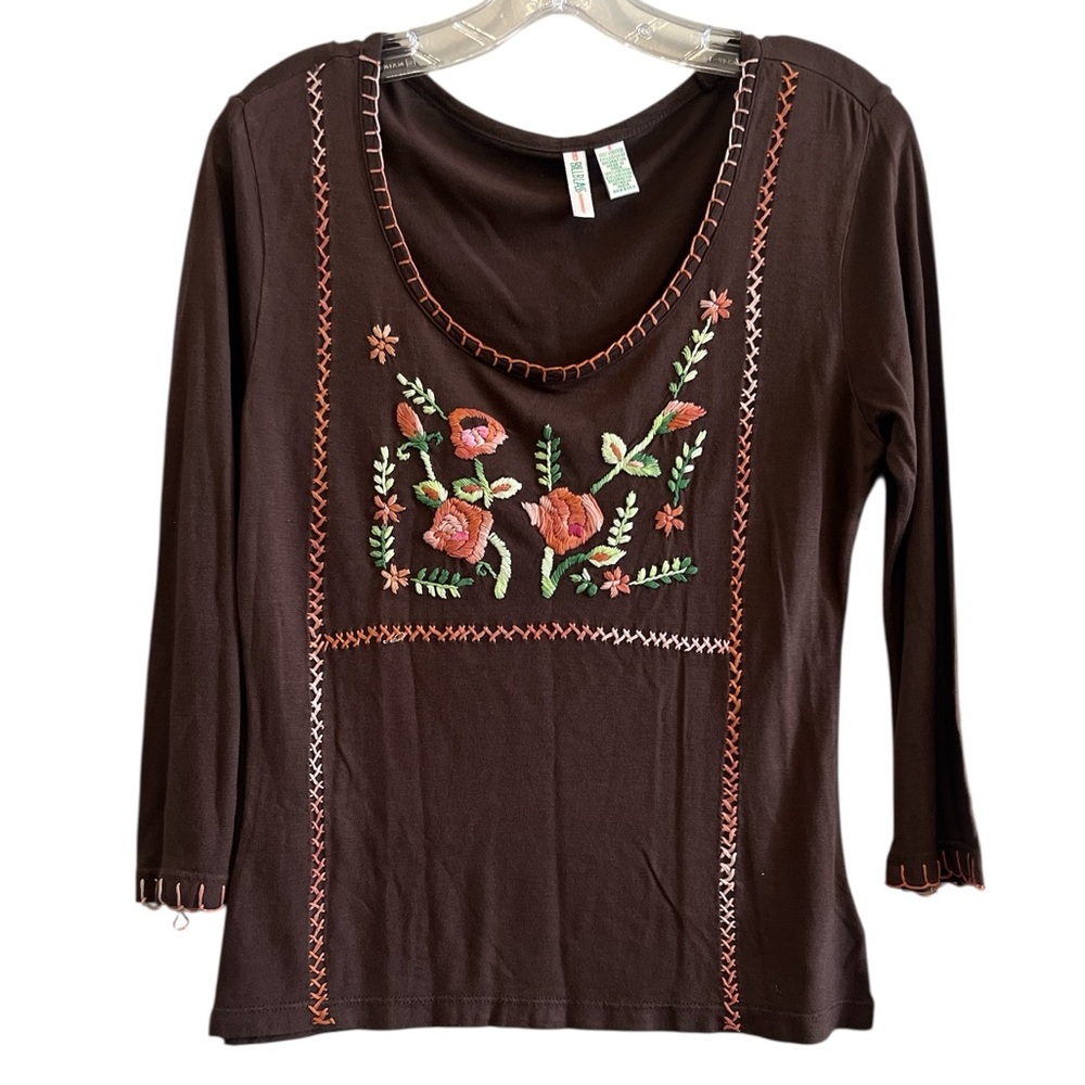 Bill Blass Dark Brown Floral Embroidered Long Sleeve Top